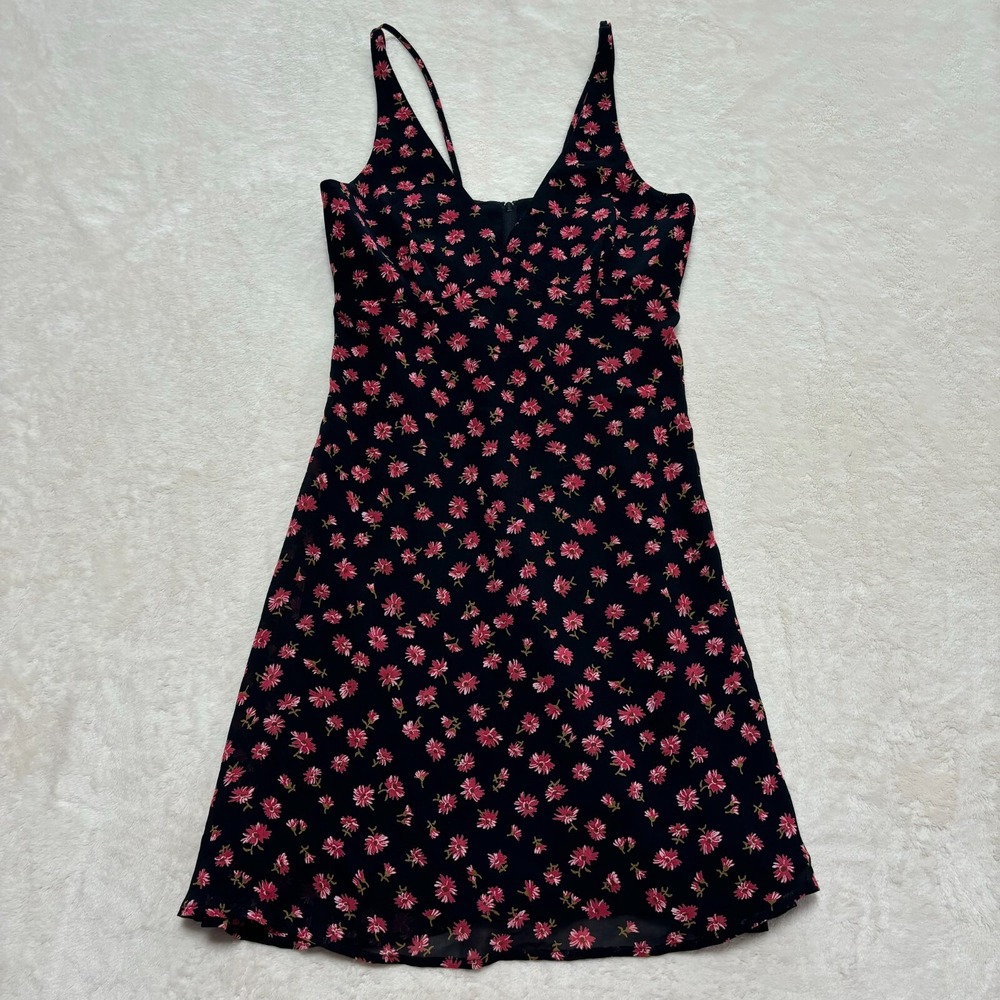 Bebe Strappy Mini Dress Size‎ 6 Black Pink Floral V-Neck Vintage Made in USA